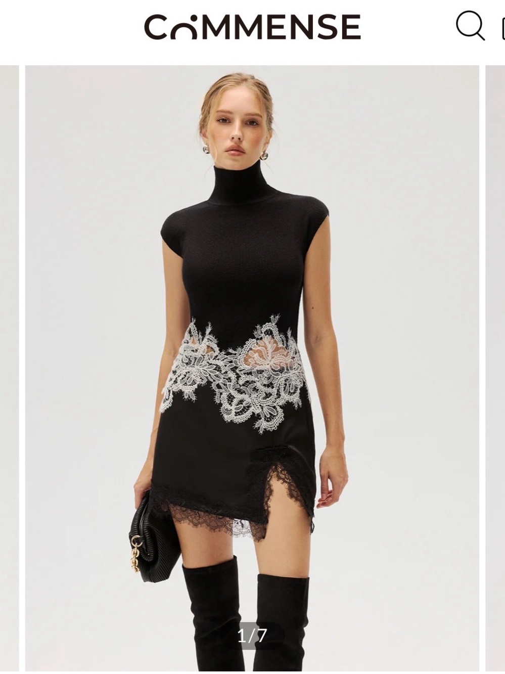 COMMENSE Black top with White Lace Appliqué nwt